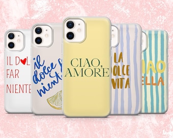 Funda para teléfono con cita italiana "Amore Italy" para iPhone 16, 15, 14, 13, 12, 11, Samsung S25, S24F, S23, A16, A56, Pixel 9A, 9Pro XL, 8A, 8Pro
