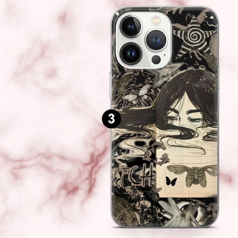 May include: A phone case with a black and white collage design. The case features a woman's face with long hair, butterflies, and a star. The word "WATCH" is visible in the design. The case has a clear border.