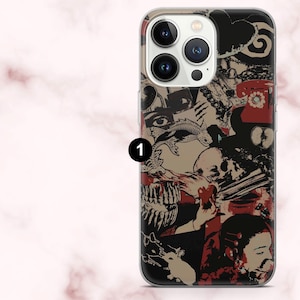May include: A phone case with a collage design in black, red, and tan. The design includes images of eyes, a fish, a skull, a telephone, and other abstract elements. The case is made of a clear, protective material.