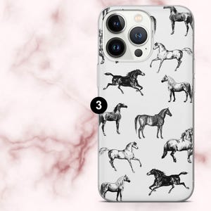 May include: Transparent phone case with a repeating pattern of black and white horse illustrations. The horses are shown in different poses, including running and standing. The case has a clear background and a black number 3.