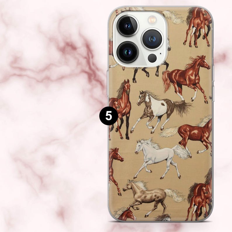 May include: A clear phone case with a repeating pattern of running horses in shades of brown, white, and tan. The horses are set against a tan background. The case has a camera cutout and a black number 5.