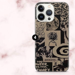 May include: A phone case with a collage design in black and tan. The design includes abstract faces, a moon, and the words "too queer for your binary" and "anxiety."