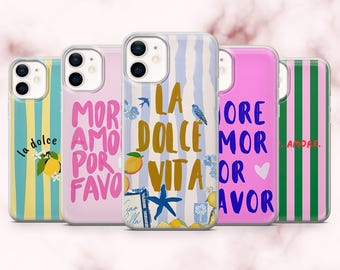 Funda para teléfono con cita italiana More Amor Dolce Vita para iPhone 16, 15, 14, 13, 12, 11, Samsung S25, S24, A16, A56, Pixel 9A, 9Pro XL, 8A, 7A