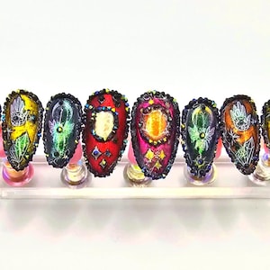 Spooky Multicolor Chrome Press-On Nails: Witchy Halloween Stiletto Almond - Medium