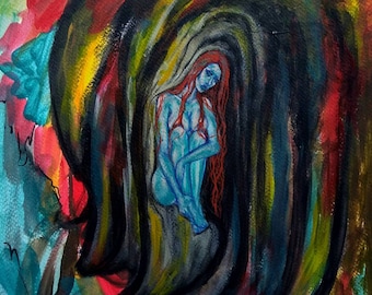 Original Fine Art by TRACEY- "The Thought" OOAK Contemporary/Surreal-Surrealist-Surrealism/Fantasy/ Nude/Figurative Acrylic Painting NEW
