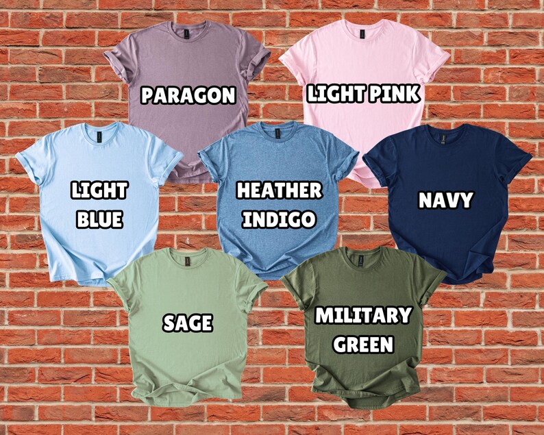 Puede incluir: Una colecci&oacute;n de siete camisetas de manga corta en varios colores, incluyendo azul claro, rosa claro, marino, salvia y verde militar. Cada camiseta tiene un nombre de color diferente impreso en negrita blanca. Las camisetas se muestran sobre un fondo de pared de ladrillo.