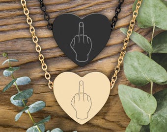 Middle Finger Engraved Necklace, Sarcastic Rude Jewelry, Funny Dainty Heart Necklace, F*ck You Charm