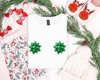 Funny Adult Christmas Bow Shirt, Green Christmas Bow, Raunchy Holiday Tee, Inappropriate Adult Holiday Party Shirt