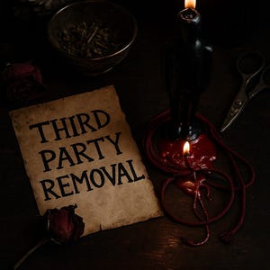 May include: A dimly lit image showing a burning black candle, red wax, and a length of red cord. A piece of parchment with the words "THIRD PARTY REMOVAL" is displayed, alongside dried herbs and a dried rose.