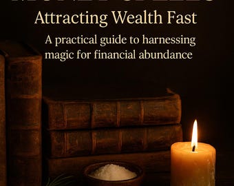 May include: Image of a book titled "10 Powerful Money Spells" with the subtitle "Attracting Wealth Fast." The image includes a lit candle, money, coins, and a small bowl of salt, suggesting a theme of magic and financial abundance.