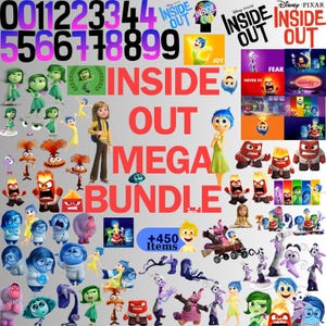 May include: A collection of Inside Out character figures and images. The image includes the words "Inside Out Mega Bundle" and "+450 Items". Characters include Joy, Fear, Anger, Sadness, and Disgust. The background is a light gray color.