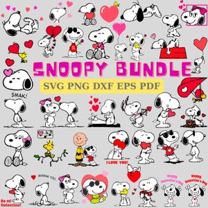 May include: A collection of Snoopy-themed graphics in black and white, with hearts and Valentine's Day messages. The image includes the text "SNOOPY BUNDLE" and file type information. Various Snoopy poses are shown, holding hearts and with other characters.