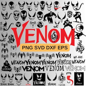 Peut inclure: Plusieurs graphiques noirs et blancs sur le thème de Venom, avec des visages, des logos et des poses d'action. Le mot "VENOM" est en rouge, avec des indications de type de fichier PNG, SVG, DXF et EPS.