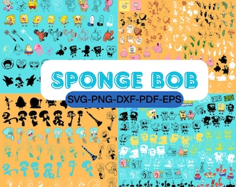 May include: A collection of SpongeBob SquarePants themed digital art files. The image features various cartoon characters and objects from the show, in SVG, PNG, DXF, PDF, and EPS formats. The title "SPONGE BOB" is displayed in a blue and white font.