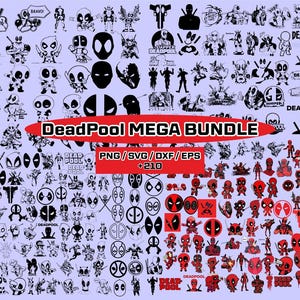 May include: A collection of Deadpool-themed digital graphics in various styles, including cartoon figures, logos, and silhouettes. The image features the text "DeadPool MEGA BUNDLE" and file type information, with over 210 designs.