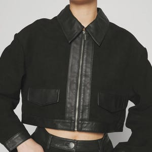 Women’s Black Suede Cropped Jacket | Real Suede with Leather Trim | Handmade Elegant Short Coat | Trendy Outerwear Gift