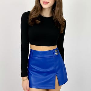 Electric Blue Real Leather Mini Skirt with Front Slit | High Waist Side Button Style