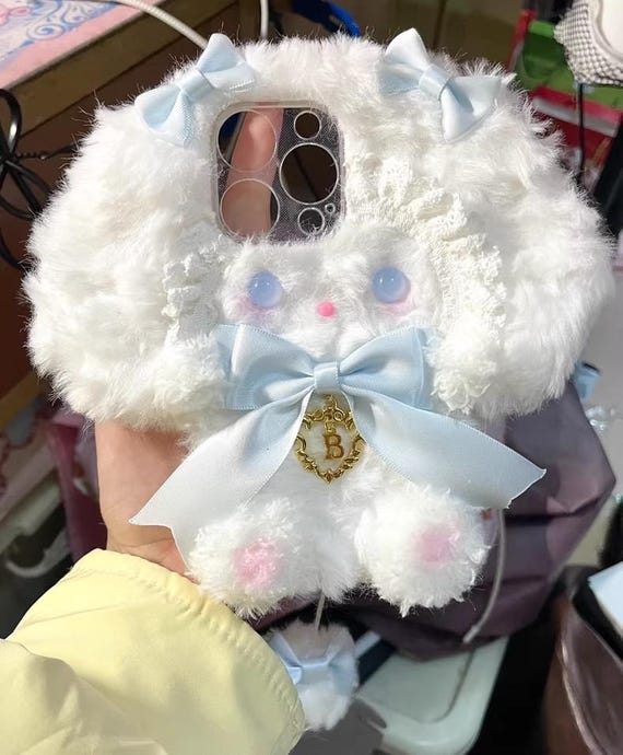 Kawaii Plush Bunny Phone Case Fluffy 3D Decoden Cover with Bow for iPhone