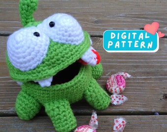 Om Nom Candy Dish PDF Amigurumi Crochet Pattern Tutorial, Cut the Rope Crochet, Dinosaur Plushie, Cute Dino, Step by Step Crochet Pattern