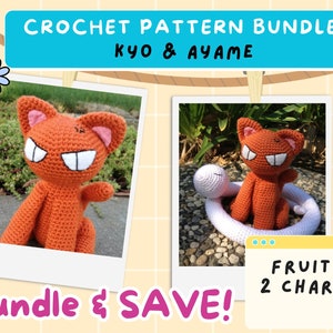 May include: Crochet pattern bundle for Fruits Basket anime characters Kyo and Ayame. The bundle includes two crochet patterns, one for Kyo and one for Ayame. The patterns are shown in the image as finished crochet projects.