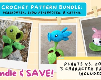 3 PATTERN BUNDLE: Pea Shooting Plant Crochet Pattern, Snow Pea Shooting Plant DIY, Cattail Plant Amigurumi Crochet Pattern, Flower Amigurumi