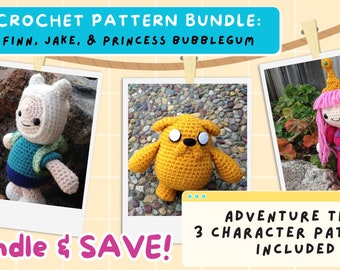 Lot de 3 motifs : Amigurumi finlandais au crochet Adventure Time, motif Jake Dog au crochet, motif au crochet de poupée princesse chewing-gum, cadeau bricolage pour enfants