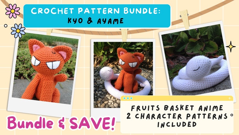 May include: Crochet pattern bundle for Fruits Basket anime characters Kyo and Ayame. The bundle includes two crochet patterns, one for Kyo and one for Ayame. The patterns are shown in the image as finished crochet projects.