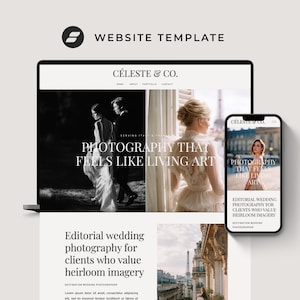 May include: A website template displayed on a laptop and smartphone. The website features the text "CÉLESTE & CO." and "PHOTOGRAPHY THAT FEELS LIKE LIVING ART." The design showcases wedding photography with a focus on heirloom imagery.