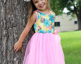 Blue Flower Print and Pink Tulle Dress for Birthday Party or Special Occasion