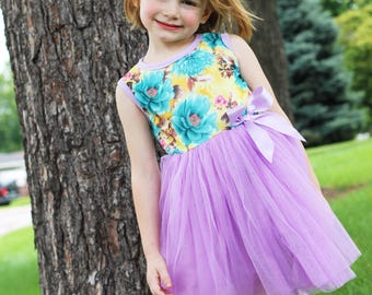 Blue Flower Print and Lanender Tutu Dress for Birthday Party or Special Occasion