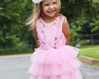 Pink Sequin Tiered Dress for Girls Birthday Party Photo Shoot