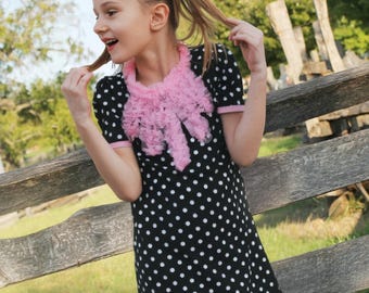 Black Polka Dot Dress with Pink Tulle Ruffle Collar – Girls Party & Special Occasion Dress