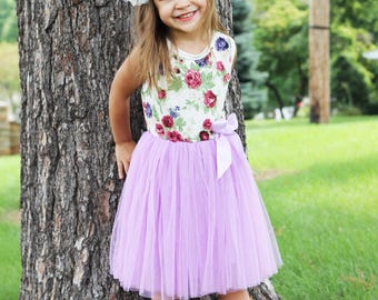Floral Tank Dress with Lavender Tulle Skirt for Birthday Party or Special Occasion