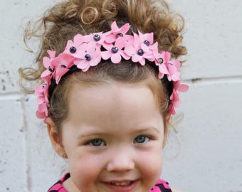 Pink Flower & Crystal Wide Headband for Girls – Elegant Hair Accessory