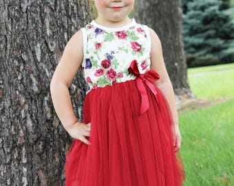 Floral Tank Dress with Burgundy Tulle Skirt for Birthday Party or Special Occasion