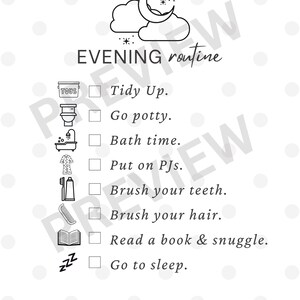 May include: Black and white checklist titled "EVENING routine" with illustrations and checkboxes for tasks like tidying up, bath time, and going to sleep. Features a moon and cloud graphic at the top.