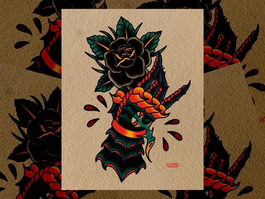 Traditional Tattoo Flash Print - Rose Gauntlet - Etsy