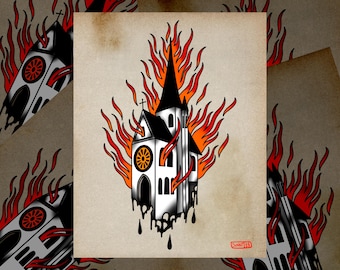 Traditional Tattoo Flash Print - Burning Church