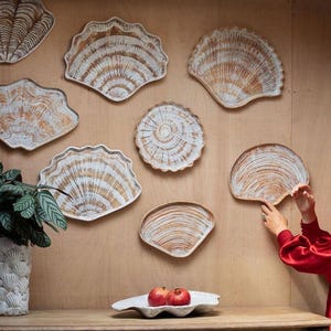 May include: A collection of seven wall-mounted decorative plates shaped like seashells, featuring a white and brown wood-grain finish. A white shell-textured vase with a green plant and a white shell-shaped bowl containing two red pomegranates.