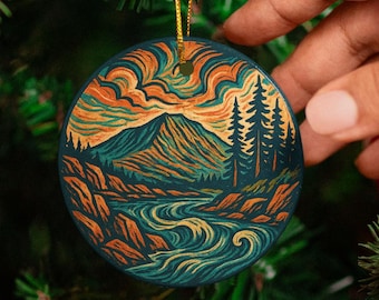 Mount Katahdin Ceramic Christmas Ornament - Colorful Maine Mountain Décor, Rustic East Coast Keepsake, New England Christmas Tree Decoration