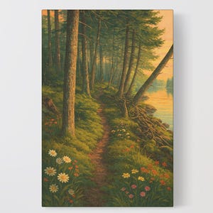 Maine Lakeside Forest Trail Canvas Print– Peaceful Nature Path Wall Art, Wildflower and Pine Tree Landscape for Rustic or Cabin Decor