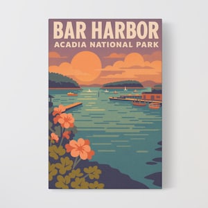 Bar Harbor Acadia National Park Canvas Print, Vintage Maine Wall Art, Coastal Sunset Landscape, Retro Travel Poster, Nature Lover Decor
