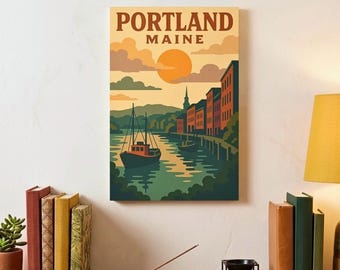 Vintage Portland Maine Canvas Print, New England Coastal Art