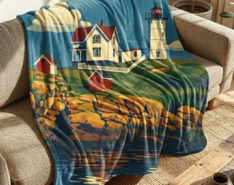 Koc polarowy Nubble Lighthouse, vintage'owy narzuta w stylu nadmorskim Maine