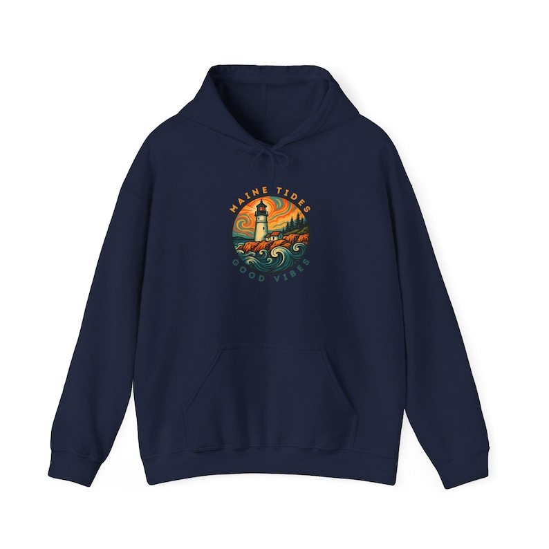 Colorful Maine Lighthouse Sweatshirt, Retro Coastal Hoodie, Psychedelic Ocean Wave Pullover, Vintage Nautical Gift for Beach Lovers image 8