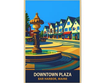 Downtown Plaza Bar Harbor Maine Wall Art - Retro Waterfront Travel Poster Canvas Print