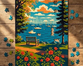 May include: A completed jigsaw puzzle showing a coastal scene with sailboats on a blue sea, a park bench, and red roses. The puzzle is surrounded by scattered pieces on a wooden surface. The image has a vibrant, colourful aesthetic.
