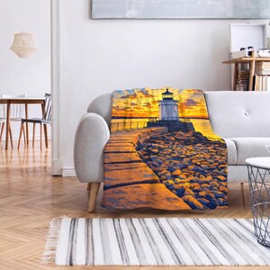 Bug Lighthouse South Portland Maine Retro Travel Fleece Sherpa Blanket