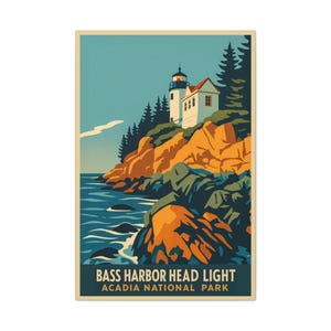 Bass Harbor Head Light Print: Retro Maine Travel Poster, Acadia National Park
