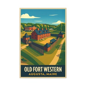 Old Fort Western - Augusta Maine Wall Art | Retro Travel Poster Canvas Print